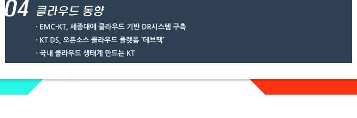 04. 클라우드 동향 / EMC-KT, 세종대에 클라우드 기반 DR시스템 구축 / KT DS, 오픈소스 클라우드 플랫폼 `데브팩` / KT 클라우드 쓰니 아마존 보다 30% 비용 절감 / 국내 클라우드 생태계 만드는 KT