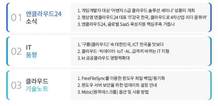 01 엔클라우드24 소식 - 1. 게임개발자 대상 ‘어벤저스급 클라우드 솔루션 세미나’ 성황리 개최 2. 맹상영 엔클라우드24 대표 ‘IT강국 한국, 클라우드로 4차산업 리더 꿈꿔야’ 3. 엔클라우드24, 글로벌 SaaS 육성지원 핵심주축 거듭나, 02 IT동향 - 1. '구름(클라우드)' 속 대한민국, ICT 천국을 맛보다 2. 클라우드·빅데이터·IoT·AI...급격히 바뀌는 IT 지형 3. kt 공공클라우드 영향력확대 , 03 클라우드 기술노트 - 1. FreeFileSync를 이용한 윈도우 파일 백업/동기화 2. 윈도우 서버 보안을 위한 업데이트 설정 안내 3. Mstsc(원격데스크톱) 옵션 및 사용 방법