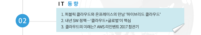 02 IT동향 -1. 퍼블릭 클라우드와 온프레미스의 만남 ‘하이브리드 클라우드’ 2. 내년 SW 정책…'클라우드+글로벌'이 핵심 3. 클라우드의 미래는? AWS 리인벤트 2017 참관기