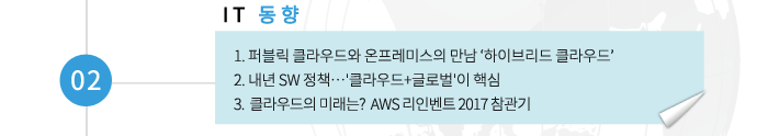 02 IT동향 -1. 퍼블릭 클라우드와 온프레미스의 만남 ‘하이브리드 클라우드’ 2. 내년 SW 정책…'클라우드+글로벌'이 핵심 3.  클라우드의 미래는?  AWS 리인벤트 2017 참관기