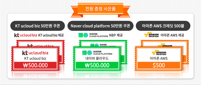 전원 증정 사은품:KT ucloud biz 50만원 쿠폰-KT ucloud biz 제공,Naver cloud platform 50만원 쿠폰-NBP 제공,아마존AWS크레딧 500불-아마존AWS 제공