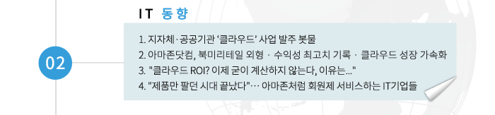 02 IT동향 -1. 지자체,공공기관 '클라우드' 사업 발주 봇물 2. 아마존닷컴, 북미리테일 외형.수익성 최고치 기록.클라우드 성장 가속화 3. '클라우드 ROI? 이제 굳이 계산하지 않는다, 이유는..'4. 제품만 팔던 시대 끝났다. 아마존처럼 회원제 서비스하는 IT기업들