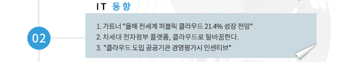 02 IT동향 -1.가트너 올해 전세계 퍼블릭 클라우드 21.4% 성장 전망 2. 차세대 전자정부 플랫폼, 클라우드로 탈바꿈한다. 3. 클라우드 도입 공공기관 경영평가시 인센티브